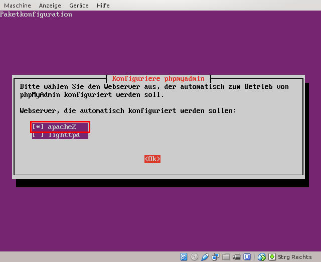 Webserver für phpMyAdmin auswählen
