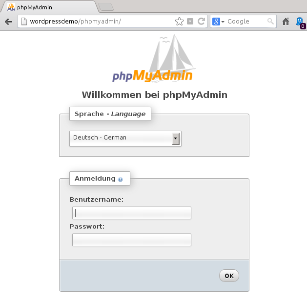 phpMyAdmin-Startseite