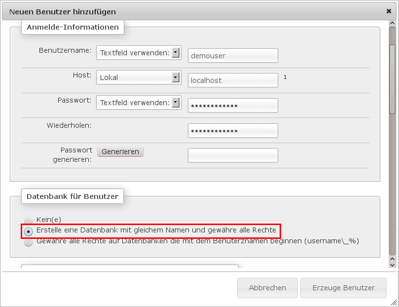 Datenbank für Benutzer erstellen