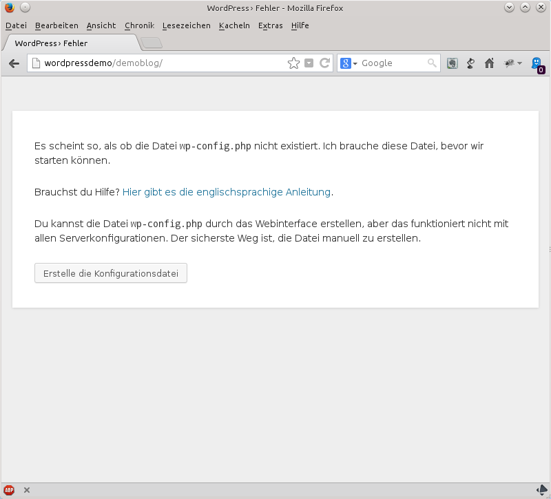 Erster Aufruf von WordPress