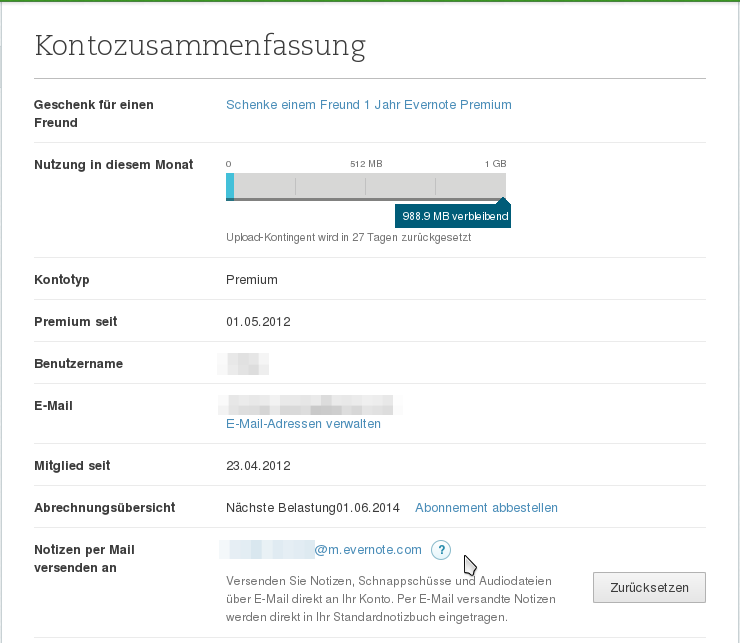 Evernote-Kontozusammenfassung anzeigen